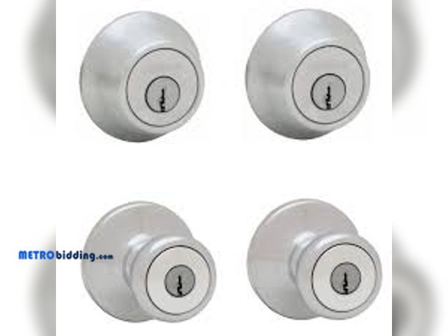 Lot 88-480341 - Kwikset Tylo Satin Chrome Exterior Entry Door Knob and Single Cylinder Deadbolt Project Pack