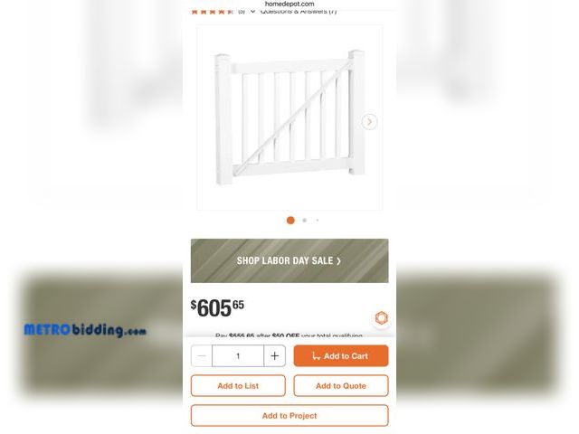 Lot 88-484834 - Walton 3 ft. H x 5 ft. W White Vinyl Railing Gate Kit,  complete appears new