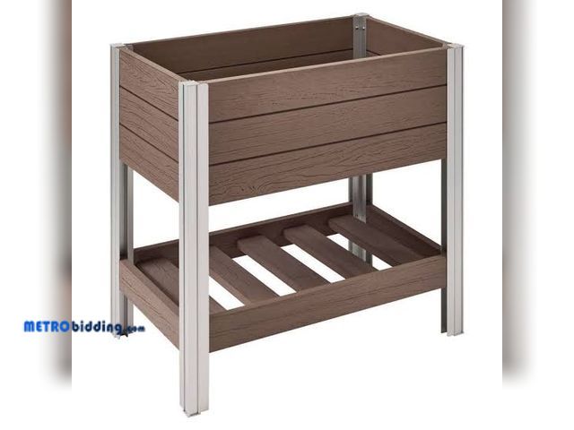 Lot 88-481441 - Vigoro (31 in. L x 18 in. W x 29 in. H) Brown Vinyl Elevated Garden Bed with Storage Shelf