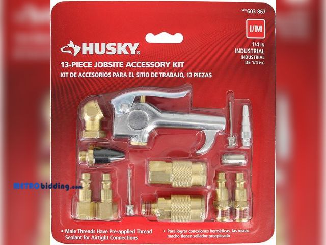Lot 88-480119 - Husky HDA51300AV 1/4 Inch 13 Piece Brass Air Compressor ,  Inflating , Deflating Accessory Kit , mis...