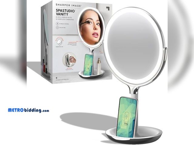 Lot 88-492808 - Sharper Image SpaStudio 8” Vanity Mirror - Wireless Qi Charging Pad, Dimmable LED Halo Light Ring, 1...