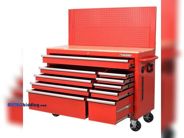 Lot 88-484299 - 52 in. W 10-Drawer Gloss Red Mobile Workbench Cabinet with Solid Wood Top and Pegboard, unused, has ...