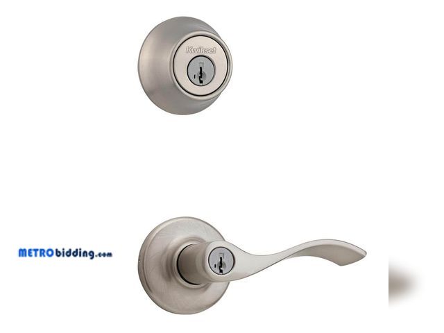 Lot 88-491868 - Kwikset Balboa Satin Nickel Keyed Entry Door Handle and Single Cylinder Deadbolt Combo Pack featurin...