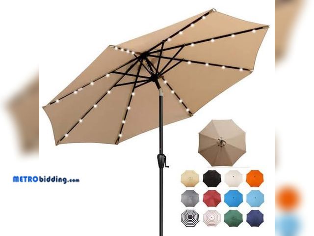 Lot 88-481880 - Sun-Ray 9 ft. Steel Market Solar Lighted 8-Rib Round Patio Umbrella in Taupe, brand new