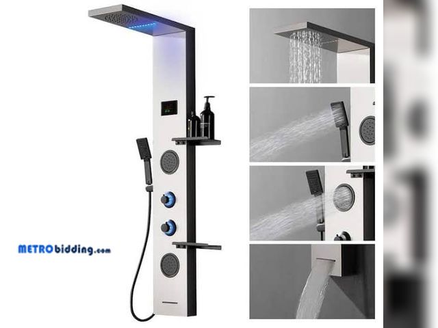 Lot 88-494328 - HOMEMYSTIQUE 2-Jet Shower Tower with Rainfall Shower Head, Shelves, Tub Spout and LED Light in Black...