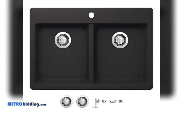 Lot 88-482824 - Stonehaven 33 in. Drop-In 50/50 Double Bowl Black Onyx Granite Composite Kitchen Sink with Stainless...