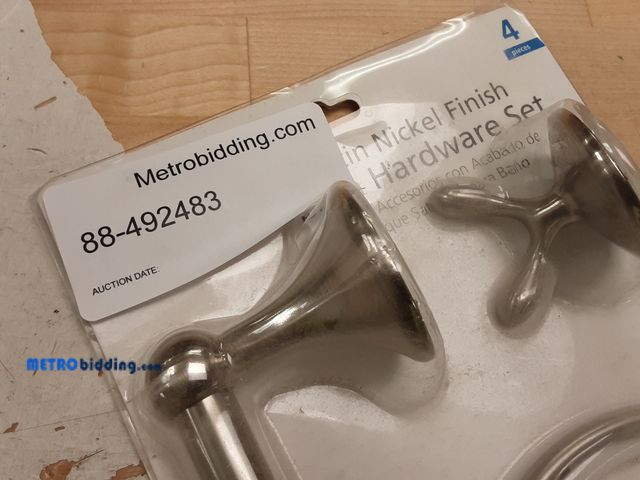 Lot 88-492483 - Set of Toilet Paper Holder, Robe Hook, Towel Ring, 18 in Towel Bar, Nickel