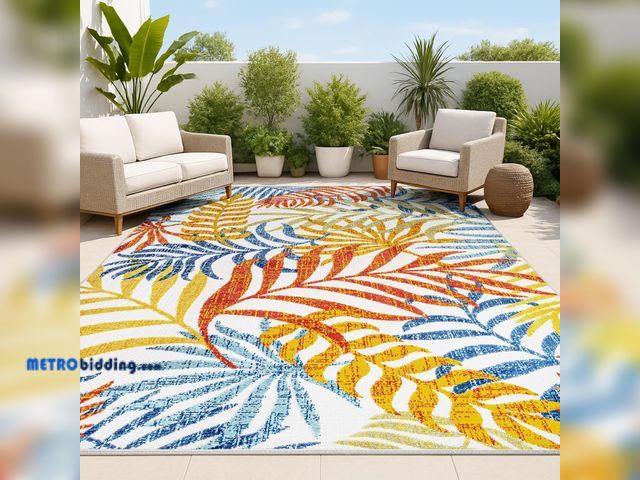 Lot 88-494376 - JONATHAN Y Tropics Palm Leaves Indoor Outdoor Area Rug 8X10 Cream/Orange | Ships Rolled, Durable Fla...