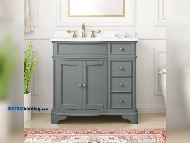 Lot 88-484573 - Terryn 37 in. Single Sink Dusk Green Bath Vanity with Engineered White Marble Top (Assembled)