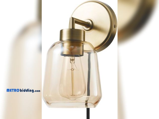 Lot 88-498452 - GLOBE Electric 51715 1-Light Plug-in or Hardwire Wall Sconce, Matte Brass, Smoked Amber Glass Shade,...