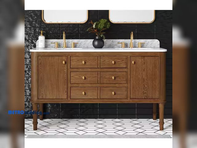 Lot 88-492957 - Collette 60 in. Double Sink Freestanding Bathroom Vanity in Cinnamon Oak with White Carrara Marble T...