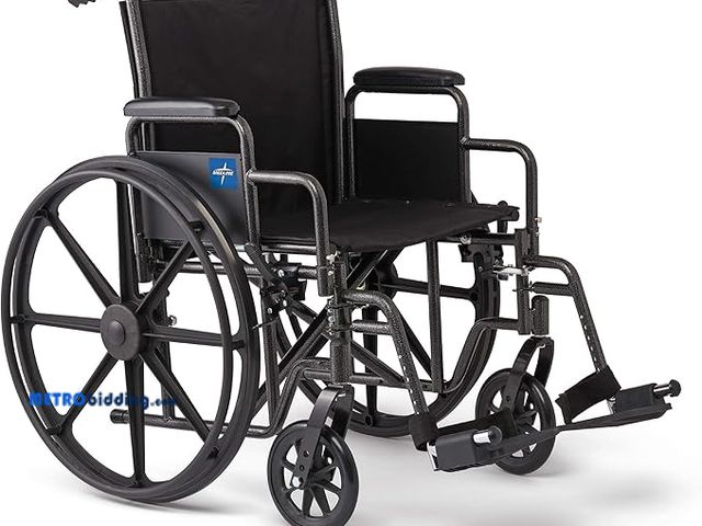 Lot 88-503483 - Medline Comfortable Folding Wheelchair with Swing-Back Desk-Length Arms and Swing-Away Footrests, 16...
