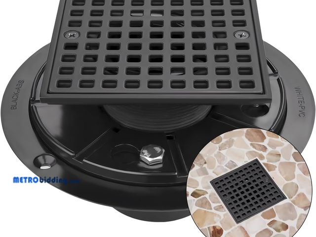 Lot 88-495719 - Matte Black 4 Inch Square Shower Drain with ABS Flange for 2 or 3 Inch Pipe - Low Profile 304 SS Sho...