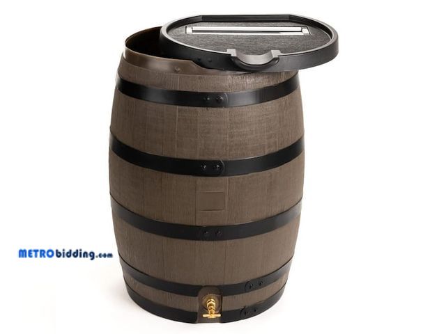 Lot 88-484317 - 55 Gal. Premium Flat Back Rain Barrel with Removable Lid, Woodgrain with Black Stripes Color, appear...