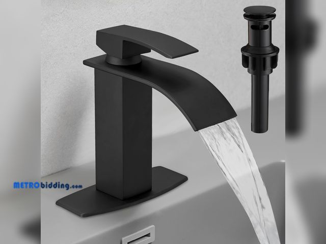 Lot 88-501579 - Black Waterfall Spout Bathroom Faucet Single Handle Sink Faucet Matte Black