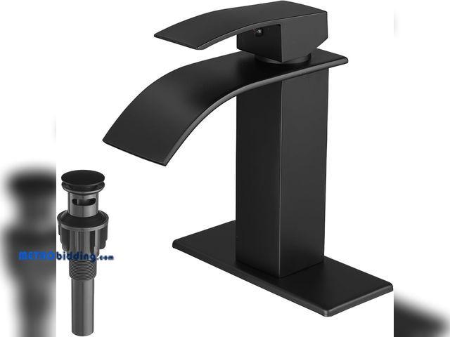 Lot 88-497310 - VOTON Black Waterfall Bathroom Faucet Single Handle Lavatory Faucet with Pop-up Drain One Hole RV Ve...