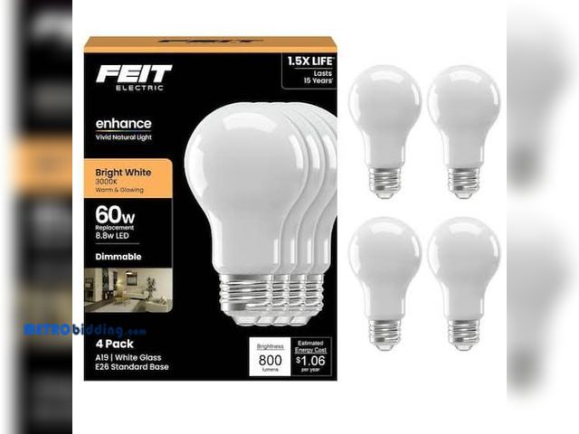 Lot 88-482583 - Feit Electric 60-Watt Equivalent A19 Dimmable Filament CEC 90 CRI White Glass E26  Medium LED