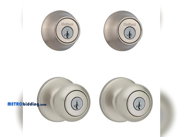 Lot 88-492426 - Kwikset Cove Satin Nickel Keyed Entry Door Knob and Single Cylinder Deadbolt Combo Pack featuring Sm...