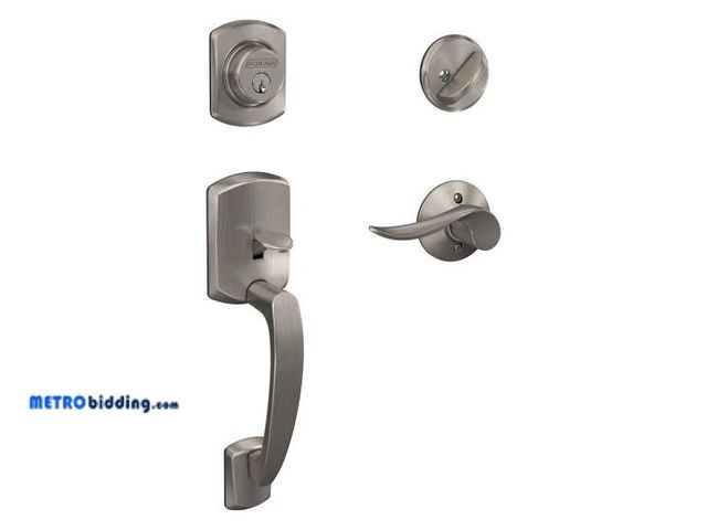 Lot 88-482053 - Schlage Greenwich Satin Nickel Single Cylinder Deadbolt with Sacramento Lever Door Handle Set, appea...