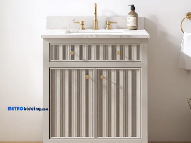 Lot 88-484399 - Sandbanks 30-in Flaxen Greige Undermount Single Sink Bathroom Vanity with White Engineered Stone Top...