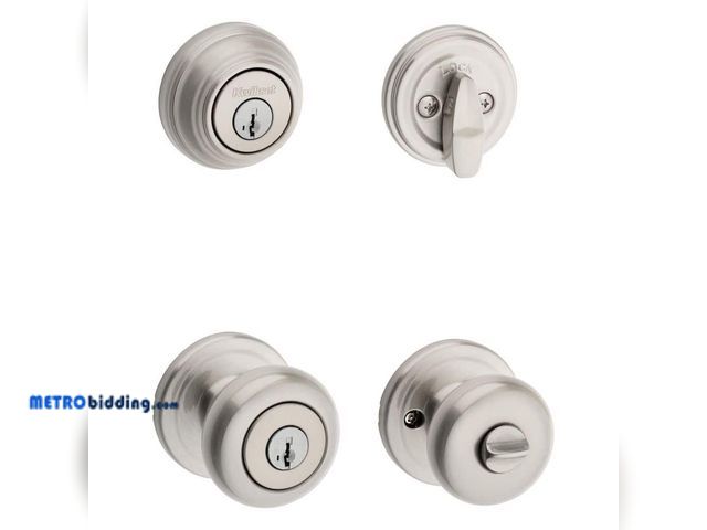Lot 88-491808 - Kwikset Juno Satin Nickel Exterior Entry Door Knob and Single Cylinder Deadbolt Combo Pack Featuring...