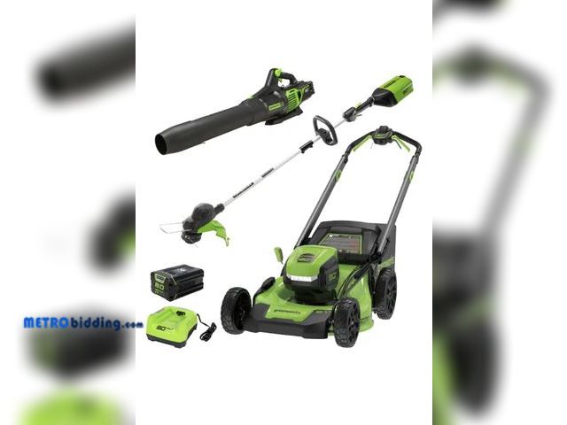Lot 88-####### - 80V 21in Self Propelled Lawn Mower 13in String Trimmer and 730 Leaf Blower Combo with 4 Ah Battery a...