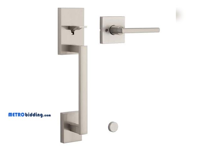 Lot 88-491837 - Kwikset San Clemente Low Profile Satin Nickel Single Cylinder Entry Door Handleset w/ Halifax Door H...