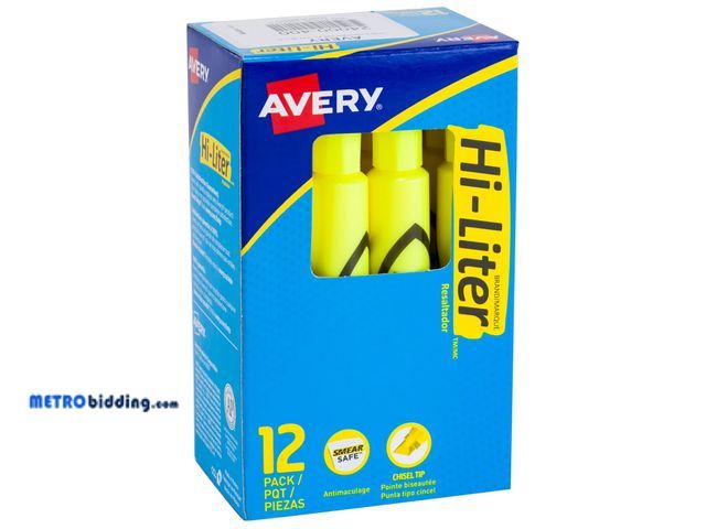 Lot 88-497324 - AVERY Hi-Liter Desk-Style Highlighters, Smear Safe Ink, Chisel Tip, 12 Fluorescent Yellow Highlighte...
