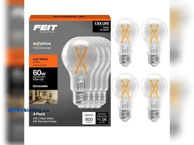 Lot 88-501687 - Feit Electric 60-Watt Equivalent A19 Dimmable Clear Glass Filament LED Light Bulb Soft White (4-Pack...