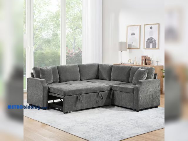 Lot 88-485590 - Lara 81.9 in. Chenille Upholstered L-Shaped Sectional Sofa in. Gray with Hidden Storage, Pull-Out Be...