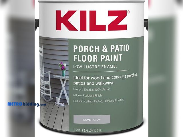 Lot 88-492917 - KILZ Low-Lustre Enamel Porch &amp; Patio Latex Floor Paint, Interior/Exterior, Silver Gray, 1 Gallon
