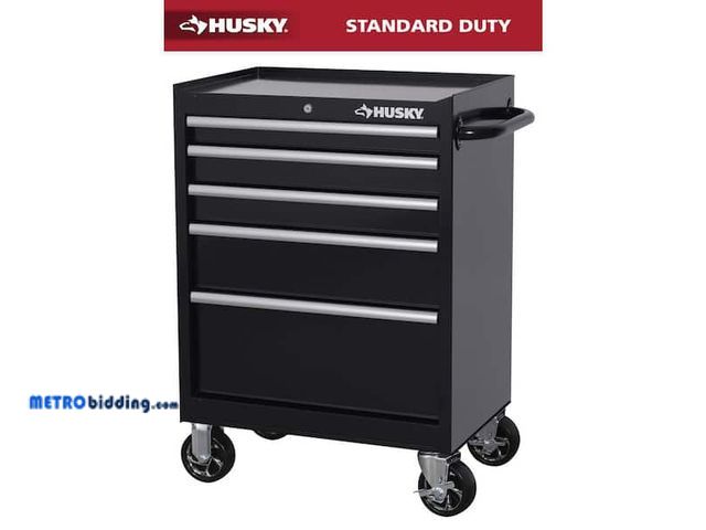 Lot 88-484575 - Tool Storage 27 in. W x 18 in. D 5-Drawer Gloss Black Rolling Tool Cabinet