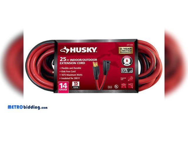 Lot 88-482581 - Husky 25 ft. 14/3 Medium Duty Indoor/Outdoor Extension Cord, Red/Black