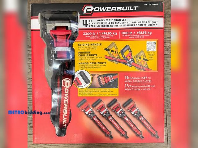 Lot 88-494227 - Powerbuilt 4-Piece Heavy-Duty Ratchet Tie Down Set, Red and Black, 3.8 cm x 4.8 m, 1100 lb Work Load...