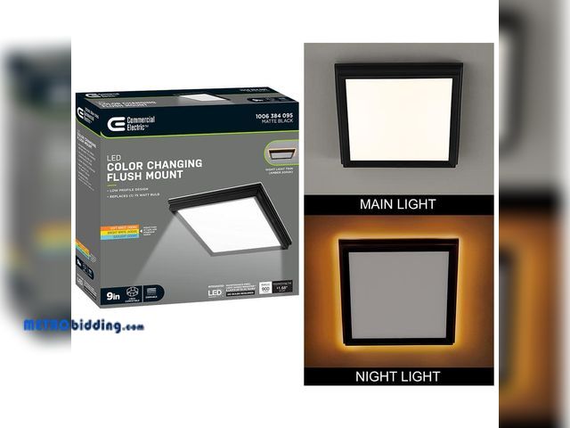 Lot 88-492454 - Commercial Electric Low Profile 9 in. Matte Black Square LED Flush Mount with Night Light Feature J-...