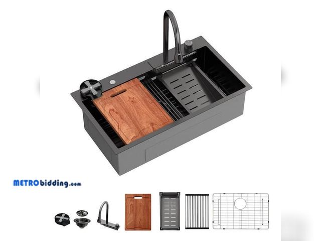 Lot 88-###### - LORDEAR 33 in. x 19 in.Gunmetal Black Single Bowl 16-Gauge Stainless Steel Drop-In Workstation Kitch...