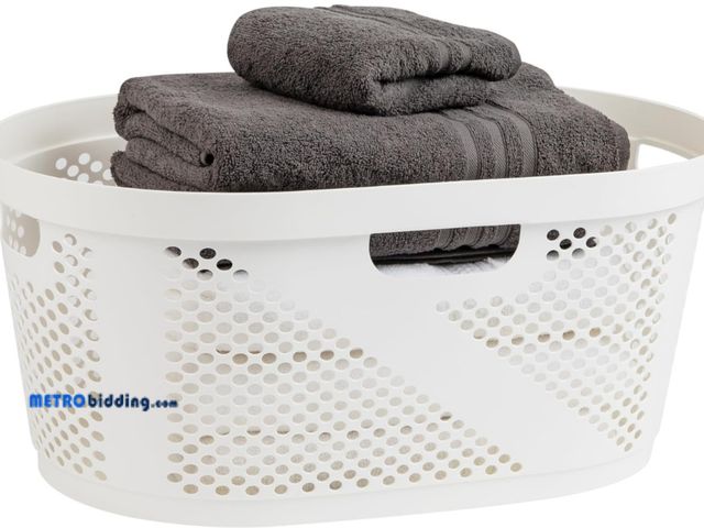 Lot 88-503469 - Mind Reader 40L Laundry Basket, Clothes Hamper, Wicker Design, Plastic, 23"L x 14.5"W x 10.5"H, Whit...