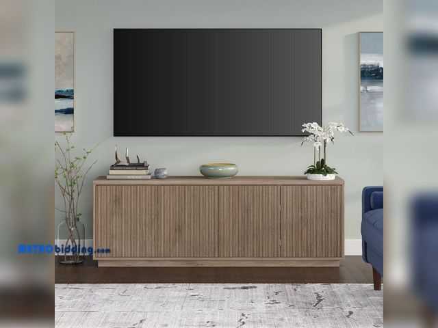 Lot 88-496312 - Meyer&amp;Cross Hanson 70 in. Antiqued Gray Oak TV Stand Fits TV's up to 75 in. TV2045 MSRP: $242.00