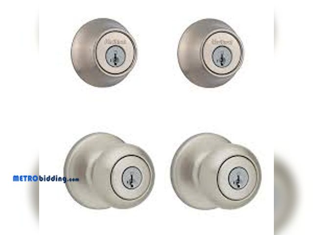 Lot 88-480347 - Kwikset Cove Satin Nickel Keyed Entry Door Knob and Single Cylinder Deadbolt Project Pack featuring ...
