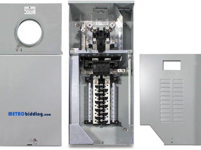 Lot 88-481434 - GE 200 Amp 8 Space 16 Circuit Outdoor Combination Main Breaker Ringless Meter Socket Load Center