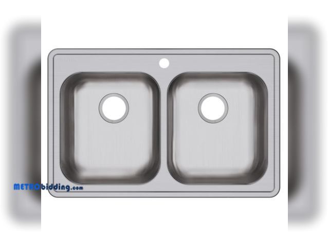Lot 88-498417 - Dayton® Stainless Steel 33" x 21-1/4" x 5-3/8" 1-Hole Equal Double Bowl Drop-in Sink GE233211 MSRP: ...