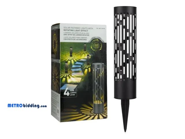 Lot 88-494261 - Testrite 4-Pack Solar Bollard Rotating Pathway Light, Steel Leaf Bollard Lights