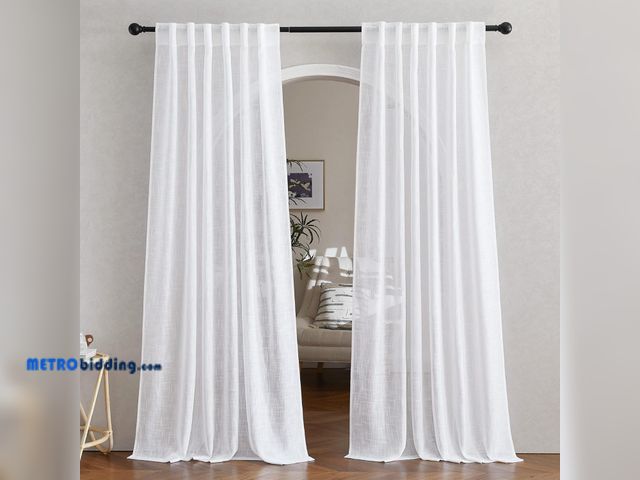 Lot 88-480575 - White Linen Sheer Curtains and Drapes 84 inches Long, Rod Pocket &amp; Back Tab semitransparent with...