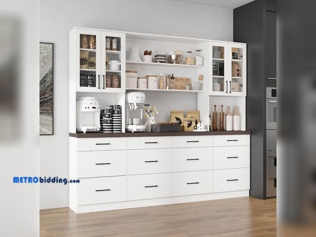 Lot 88-503586 - FUFU&amp;GAGA
White Walnut Top Wood 94.5 in. W Sideboard Cabinet with 12-Drawers, 6-Open Shelves and...