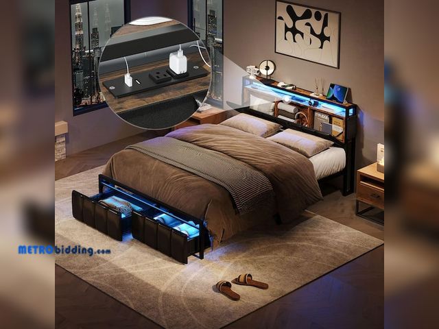 Lot 88-484699 - Brown Metal Frame Queen Size Platform Bed with Charge Station and Storage Headboard and Drawers Rust...