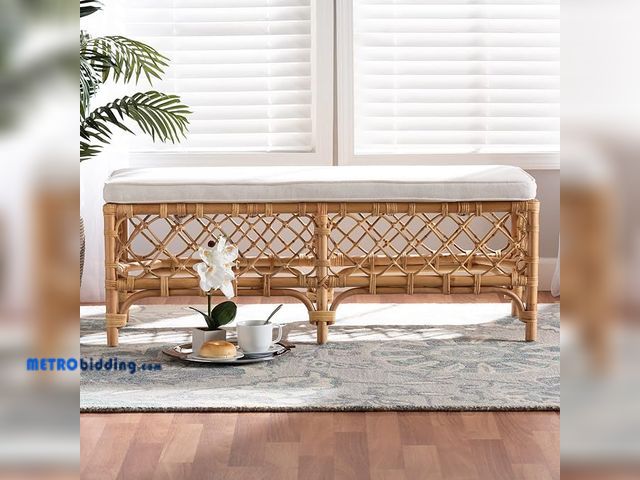 Lot 88-484758 - Orchard Natural Rattan Bench with White Cushion – 48" Boho Wicker Ottoman, Handwoven Cane Entryway S...