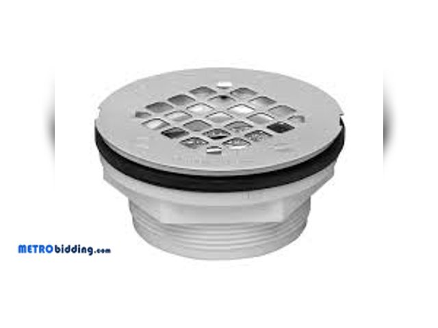Lot 88-495745 - Oatey Round No-Caulk White PVC Shower Drain with 4-1/4 in. Round Snap-In Stainless Steel Drain