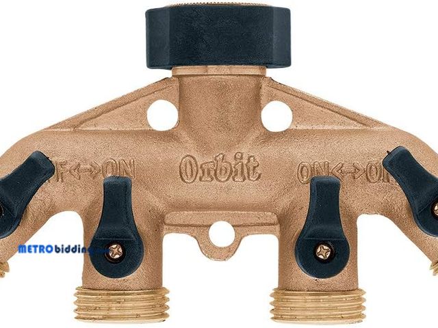 Lot 88-482429 - Orbit 4-Port Brass Hose Faucet Manifold w/Shut off Valves