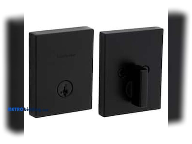 Lot 88-492453 - Kwikset Downtown Low Profile Iron Black Square Single Cylinder Contemporary Deadbolt featuring Smart...