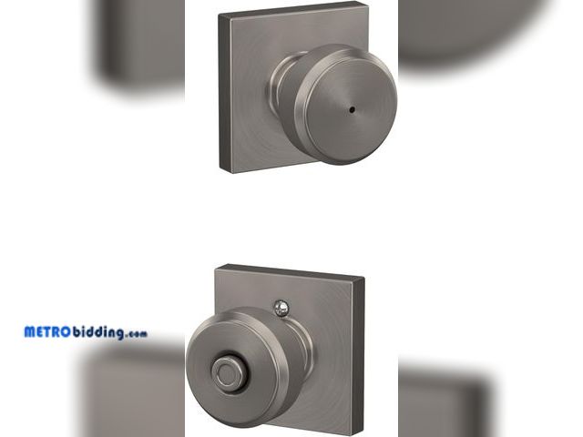 Lot 88-494269 - Schlage Bowery Bed/Bath Privacy Door Knob with Lock, Satin Nickel | Interior bedroom or bathroom doo...